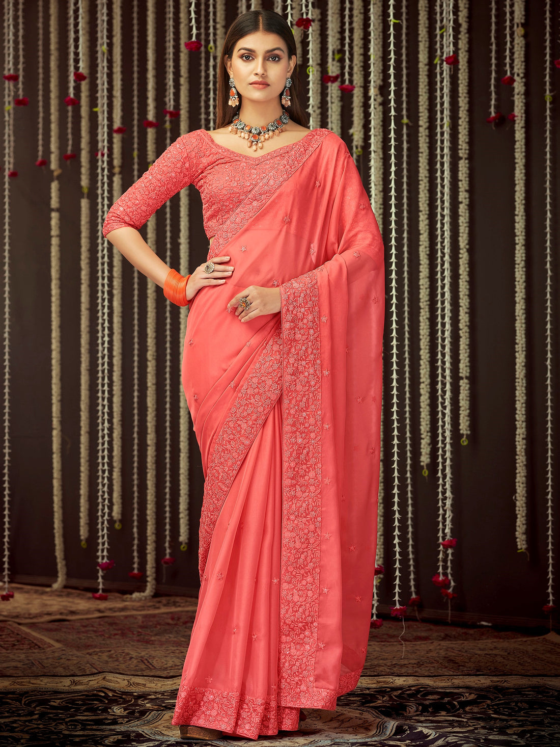 Dazzling Peach Thread Embroidery Silk Festival  Wear Saree With Blouse