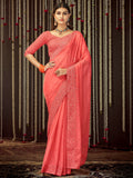 Dazzling Peach Thread Embroidery Silk Festival  Wear Saree With Blouse