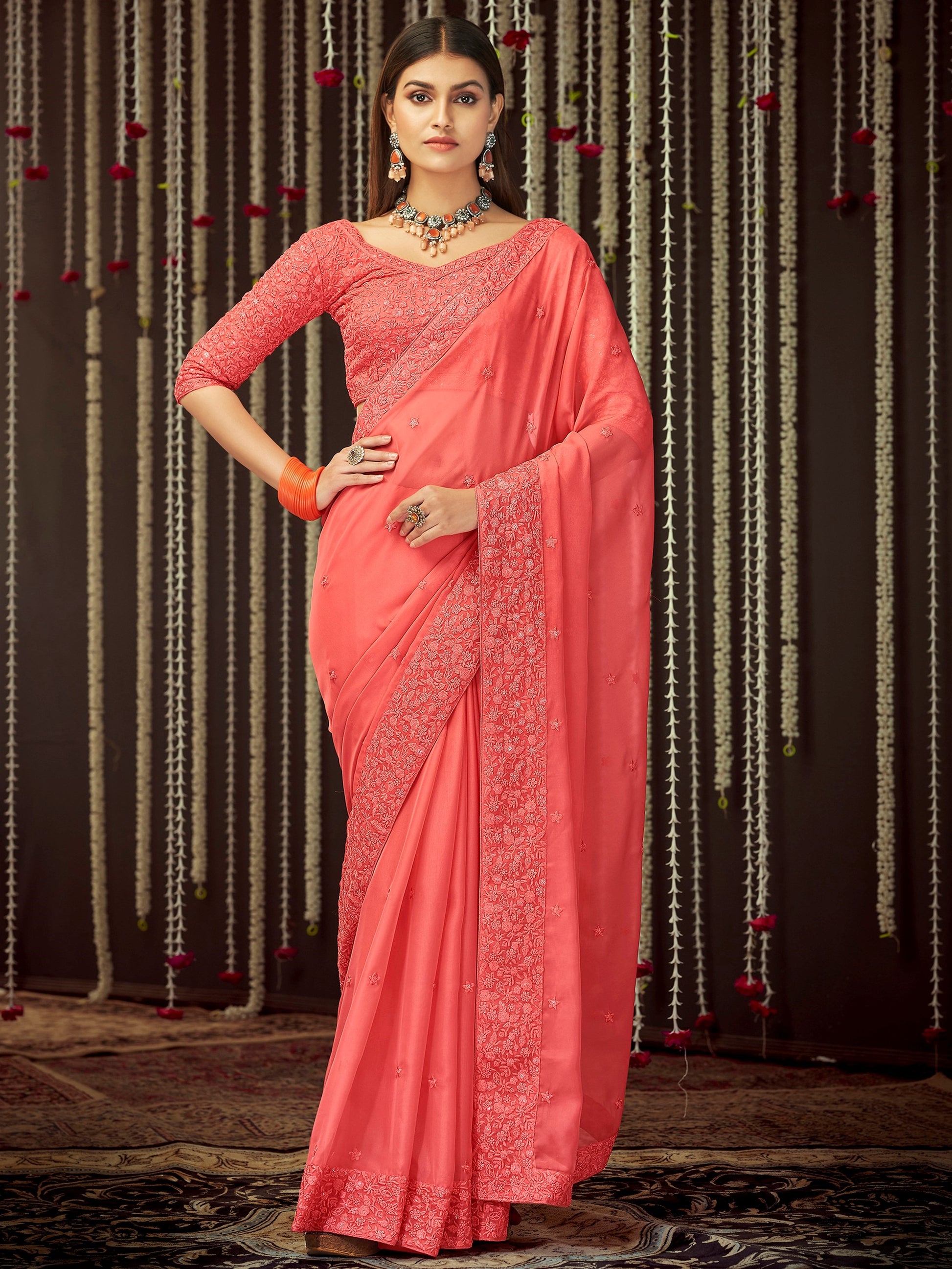 Dazzling Peach Thread Embroidery Silk Festival  Wear Saree With Blouse
