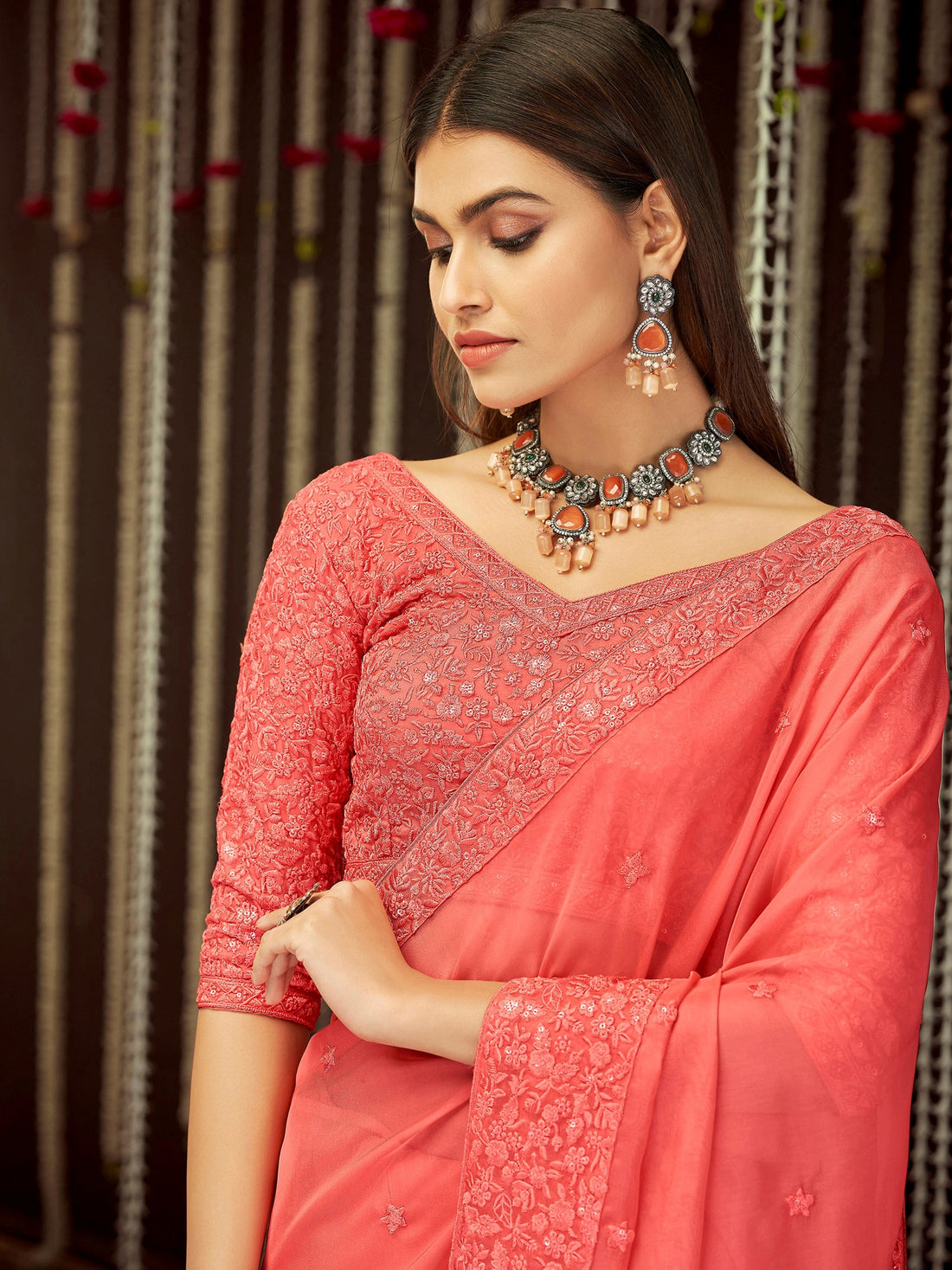 Dazzling Peach Thread Embroidery Silk Festival  Wear Saree With Blouse
