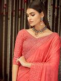 Dazzling Peach Thread Embroidery Silk Festival  Wear Saree With Blouse