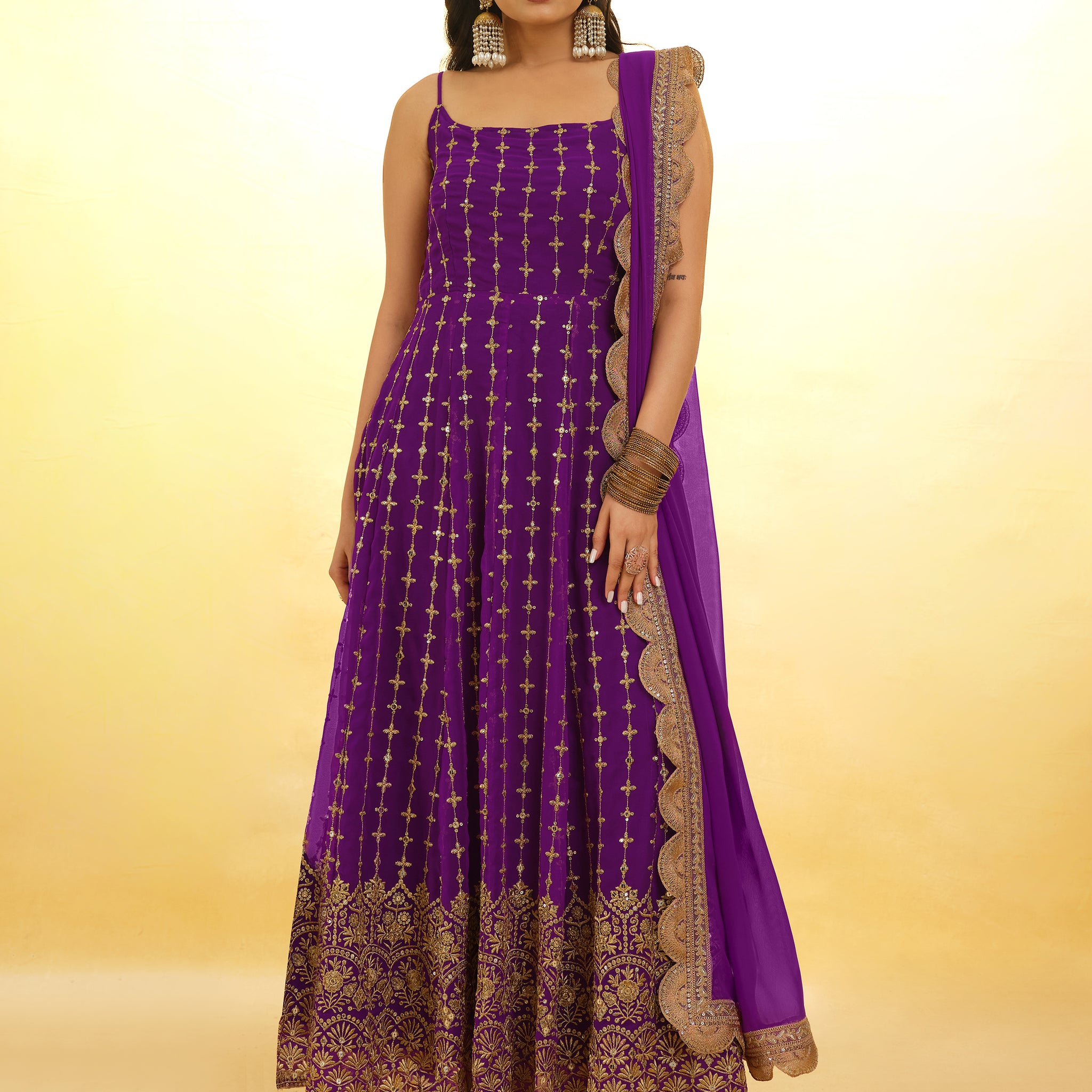Captivating Purple Embroidered Georgette Wedding Wear Anarkali Suit