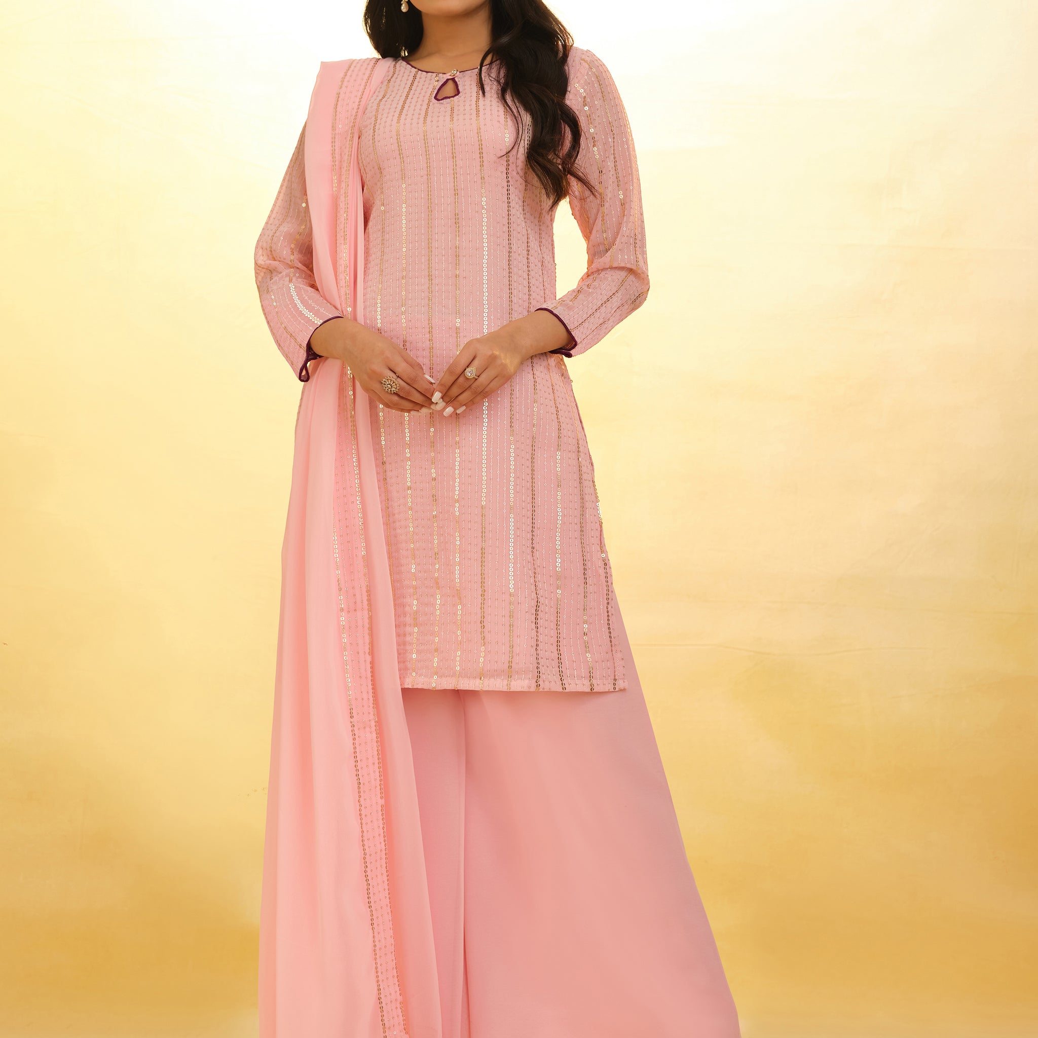 Stunning Baby Pink Sequins Georgette Festival Wear Palazzo Suit