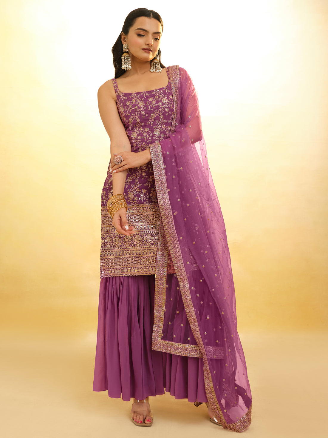 Glamorous Purple Embroidered Georgette Wedding Sharara Suit