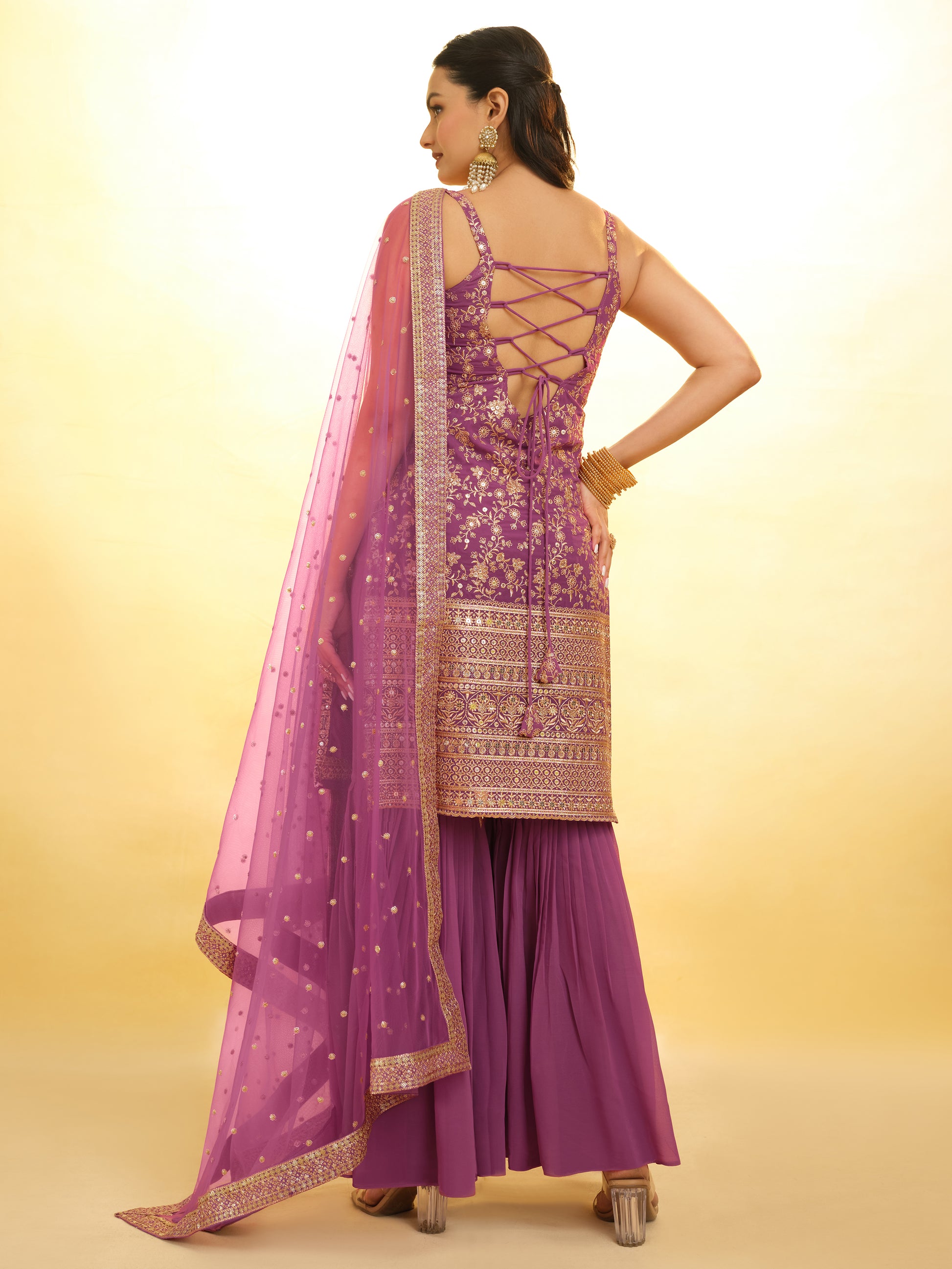 Glamorous Purple Embroidered Georgette Wedding Sharara Suit