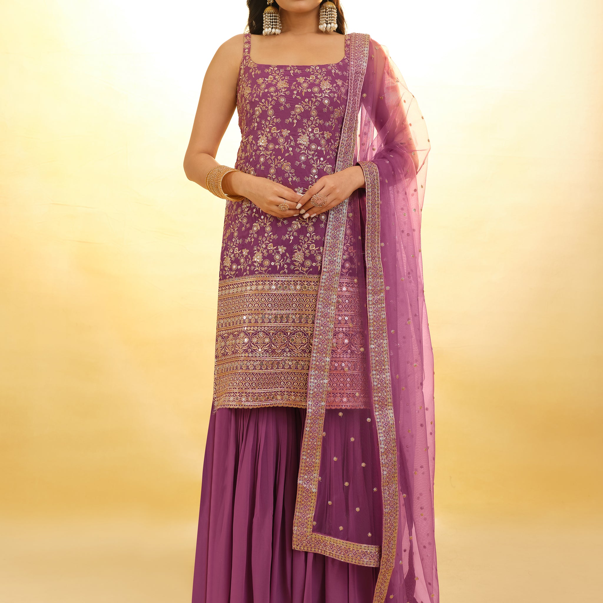 Glamorous Purple Embroidered Georgette Wedding Sharara Suit