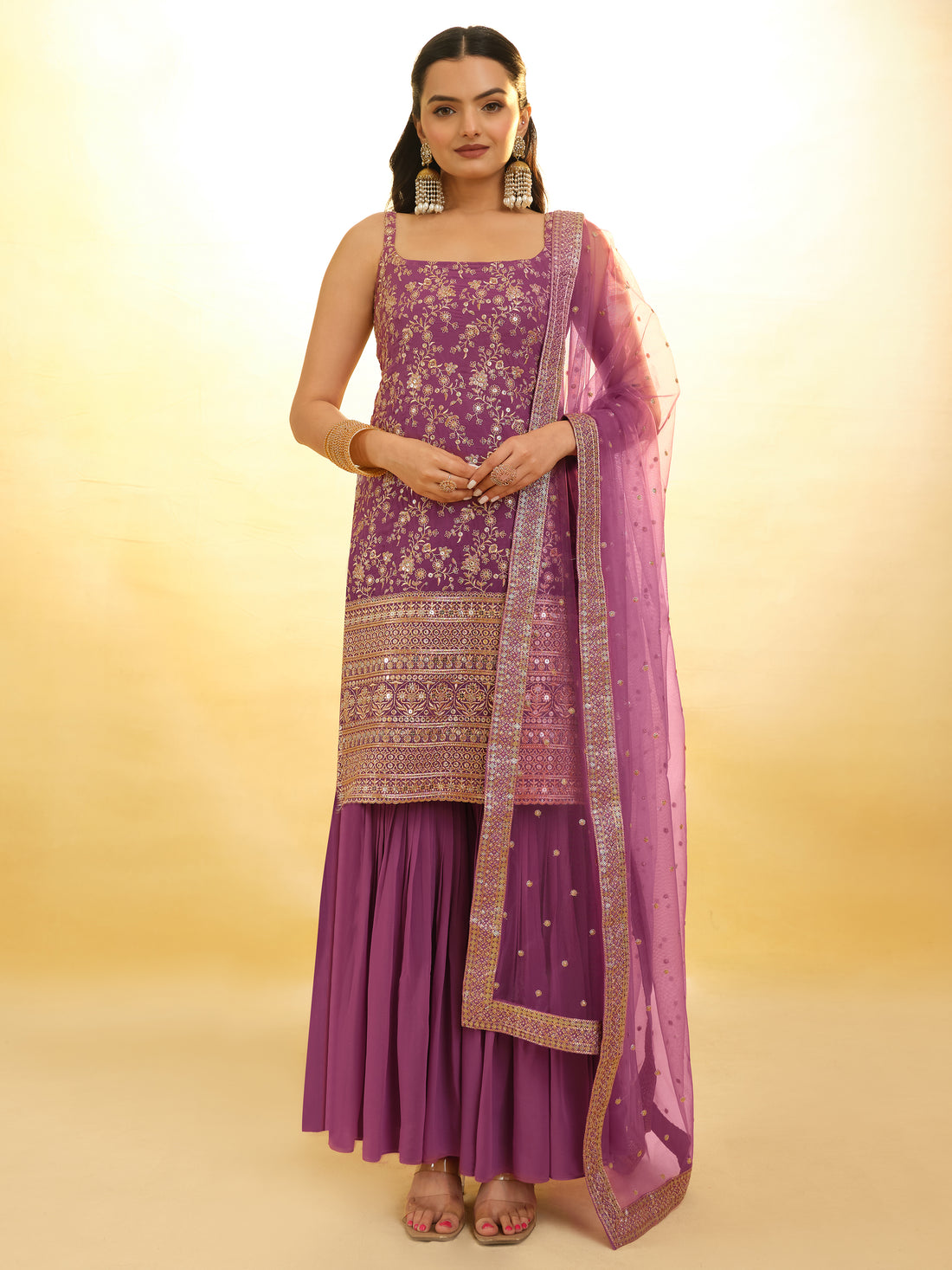 Glamorous Purple Embroidered Georgette Wedding Sharara Suit