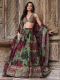 Awesome Green Floral Printed Organza Bridesmaid Lehenga Choli With Dupatta