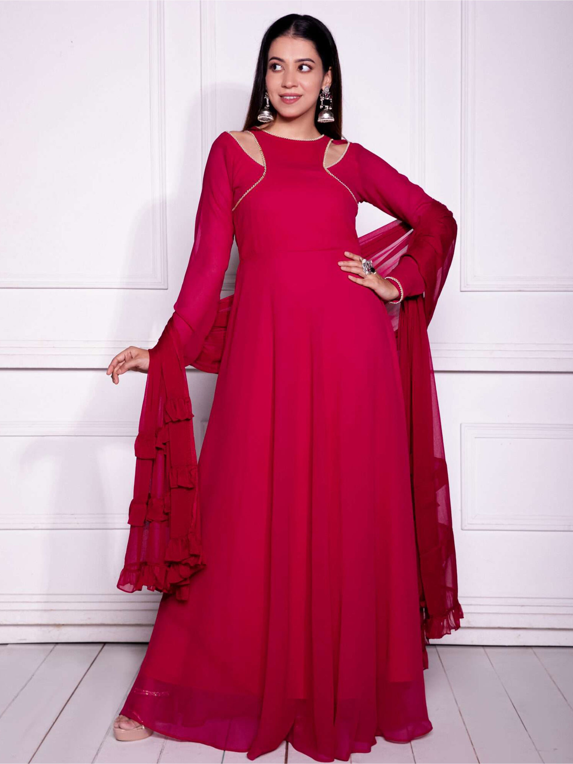 Charming Red Georgette Festival Wear Gown With Dupatta