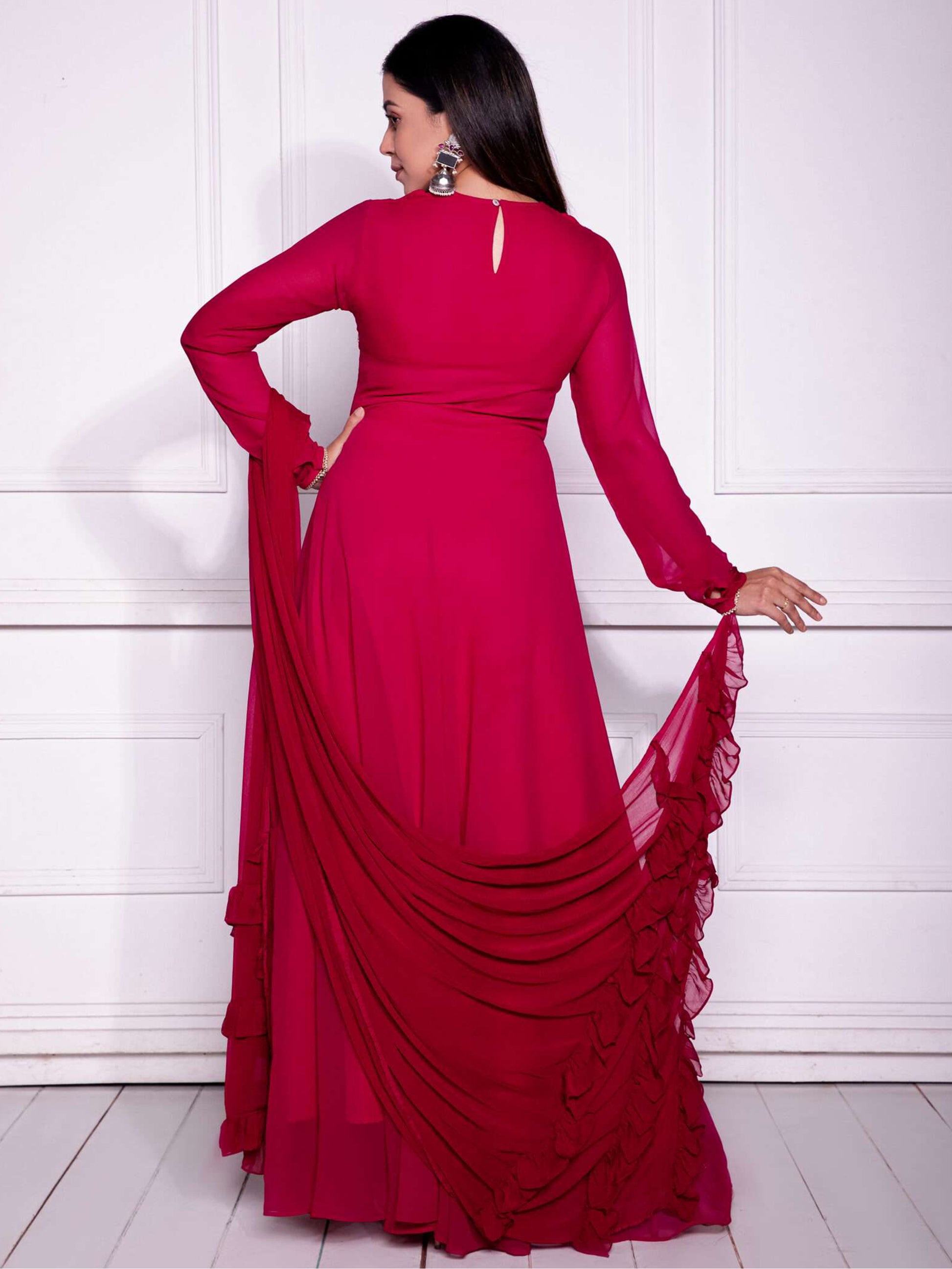 Charming Red Georgette Festival Wear Gown With Dupatta