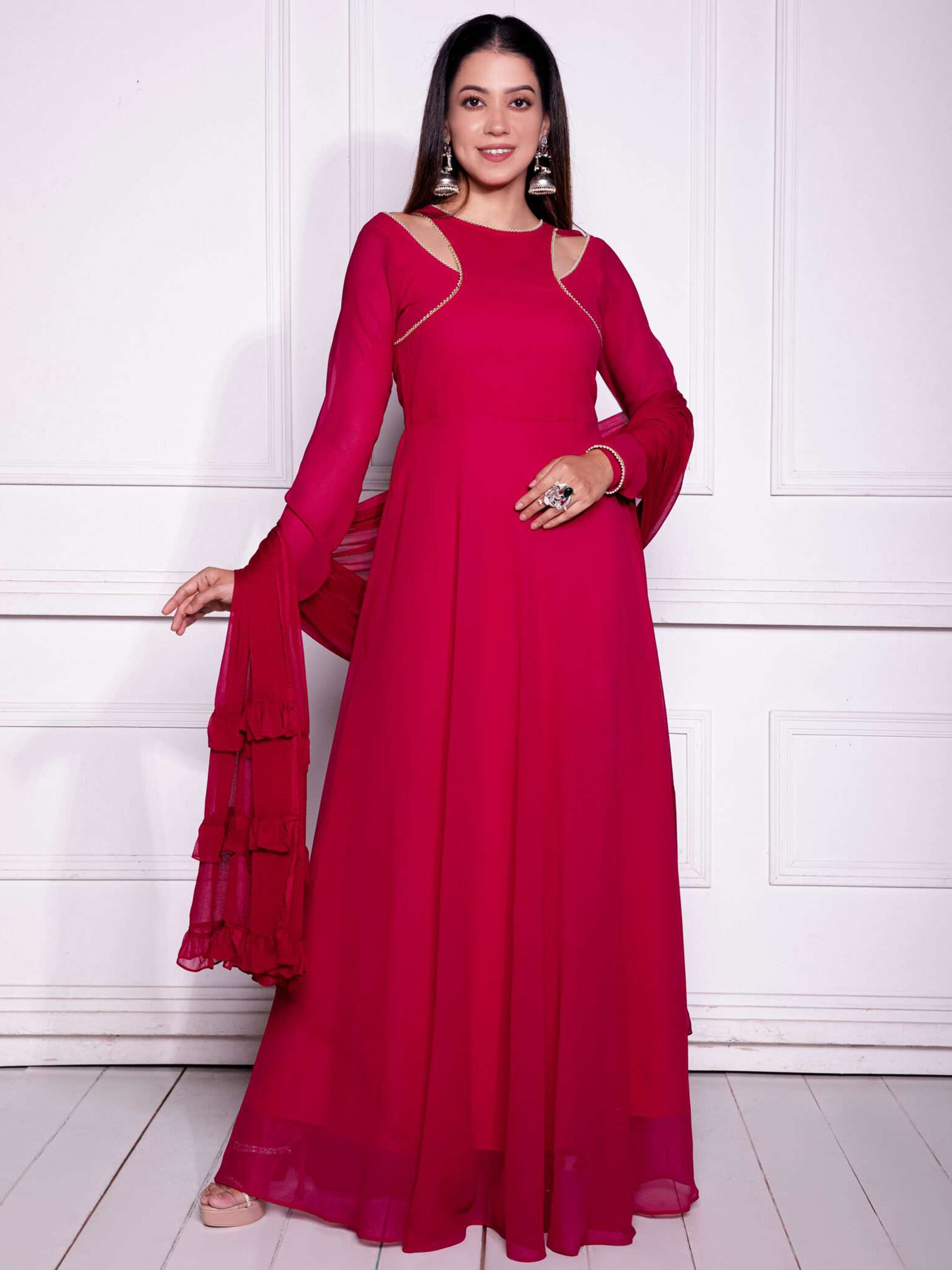 Charming Red Georgette Festival Wear Gown With Dupatta