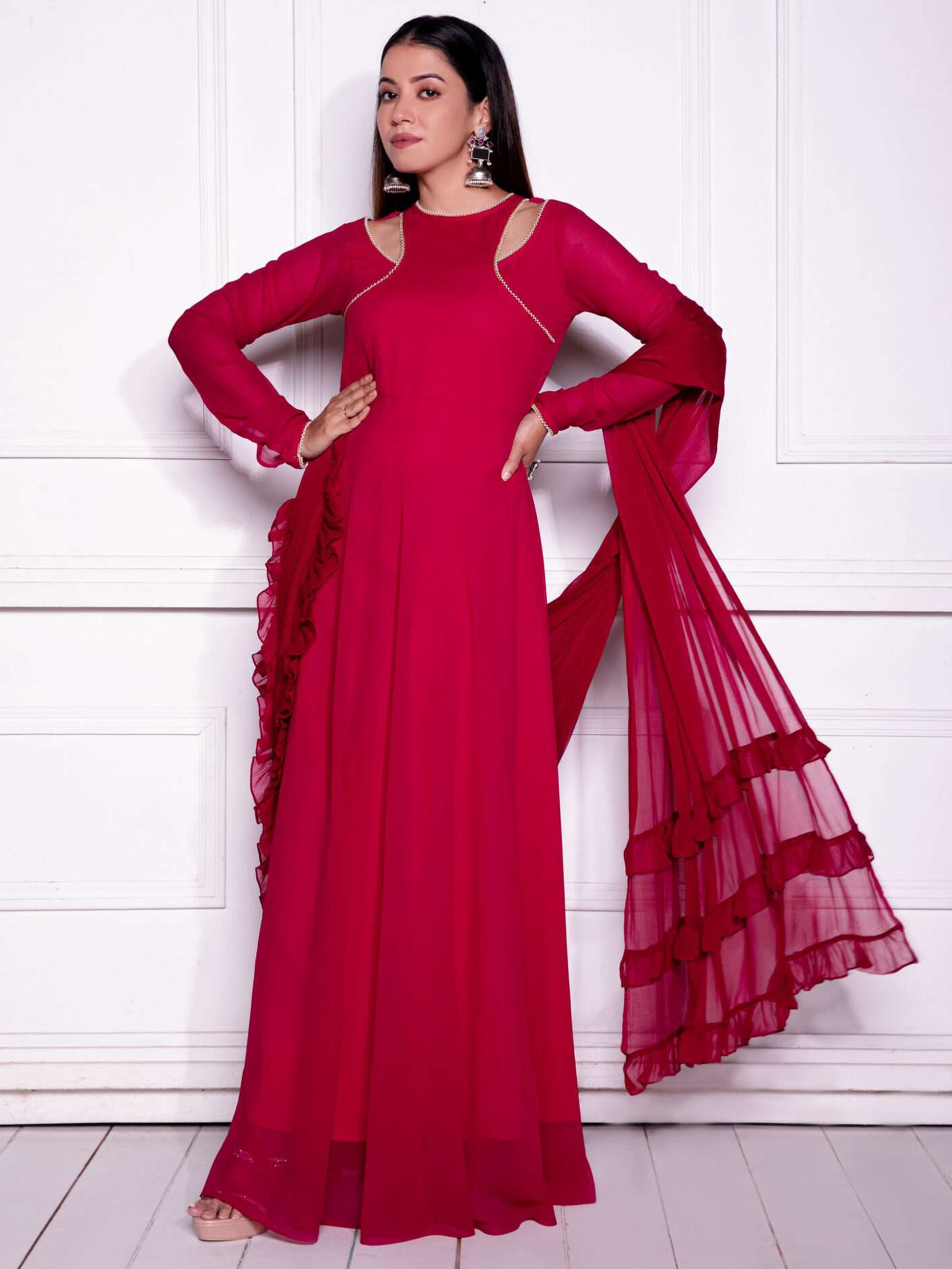 Charming Red Georgette Festival Wear Gown With Dupatta