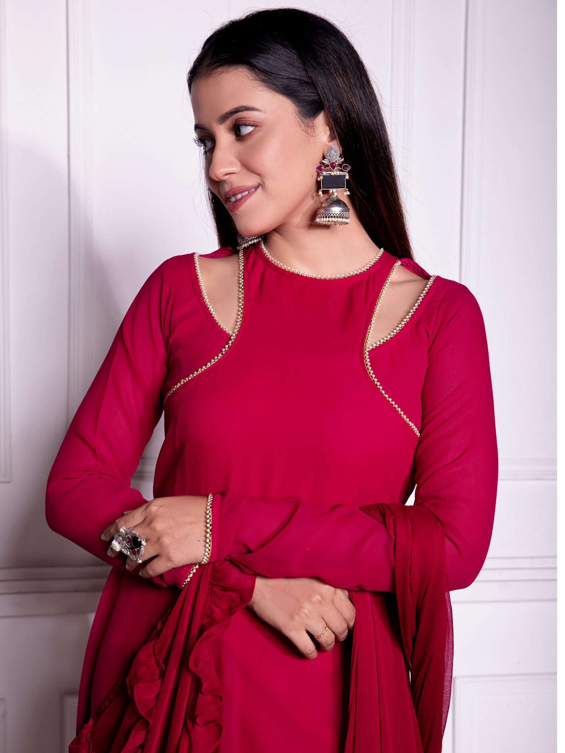 Charming Red Georgette Festival Wear Gown With Dupatta