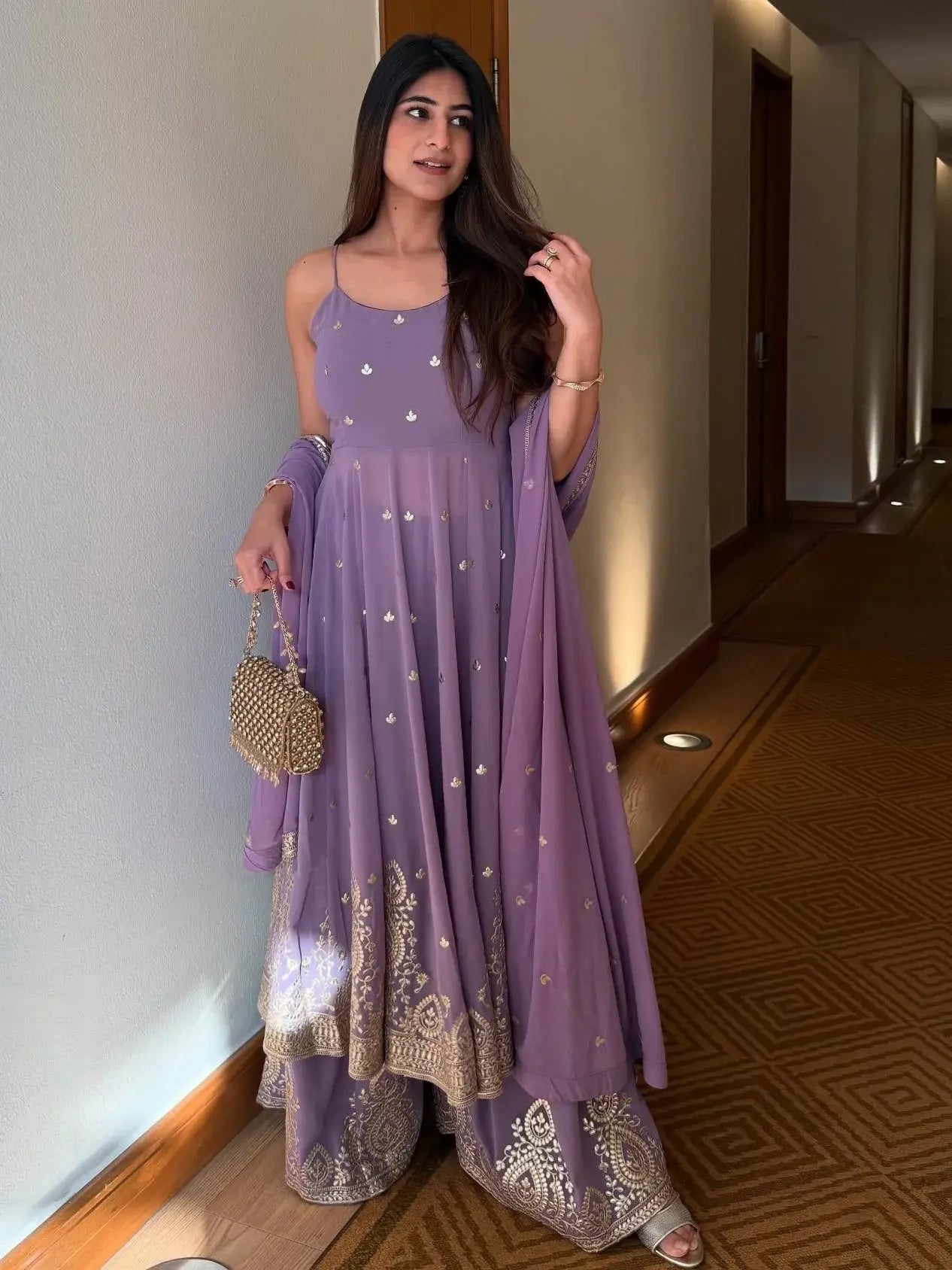 Alluring Lavender Foil Work Georgette Event Wear Palazzo Suit