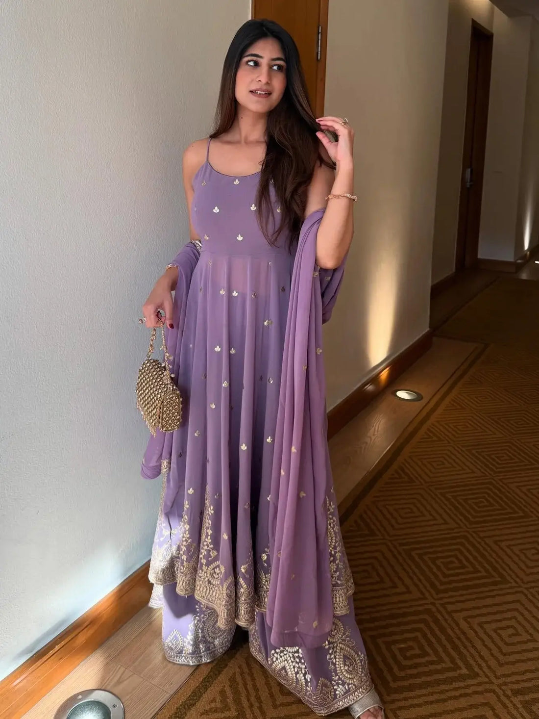 Alluring Lavender Foil Work Georgette Event Wear Palazzo Suit