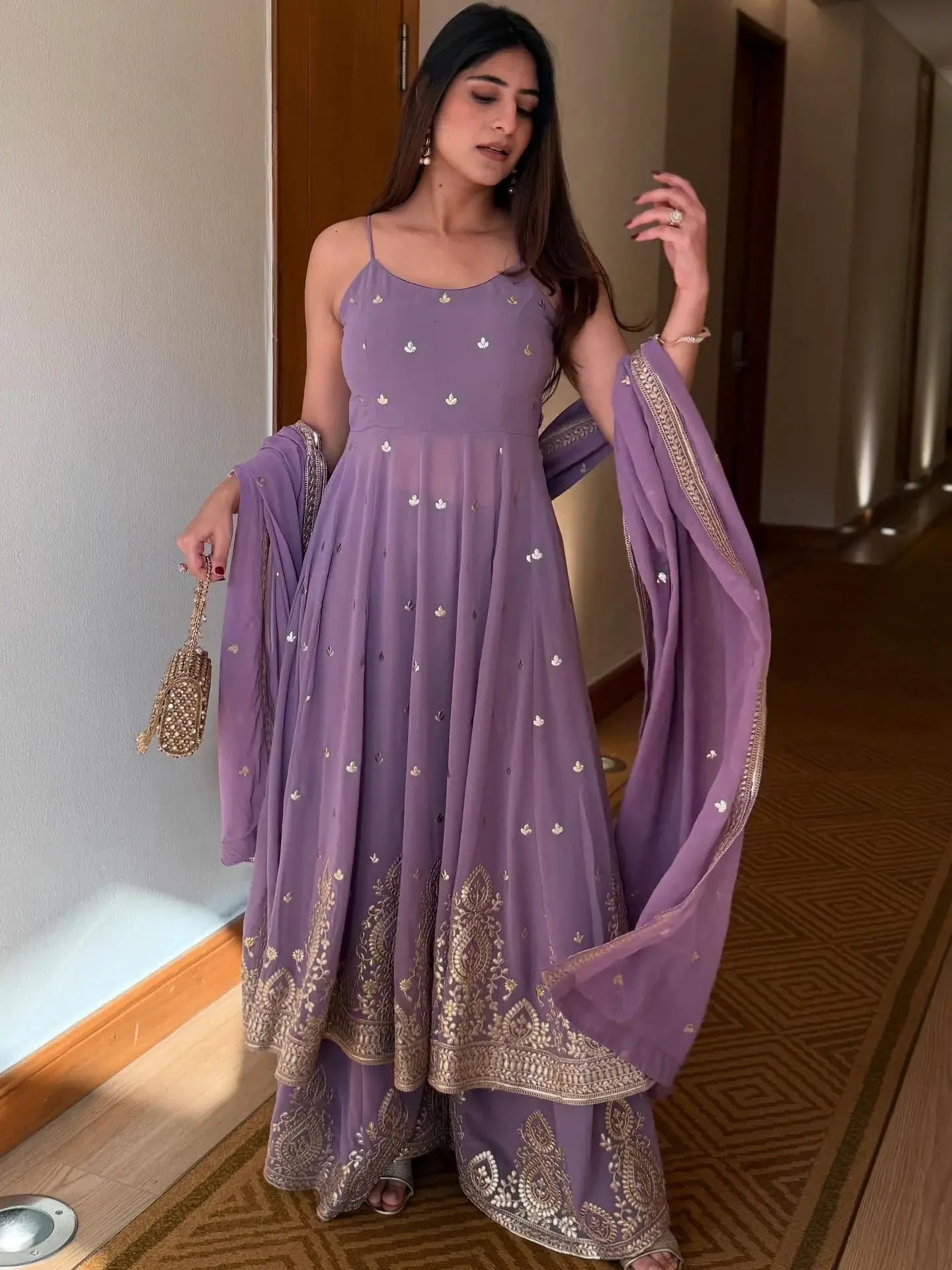 Alluring Lavender Foil Work Georgette Event Wear Palazzo Suit