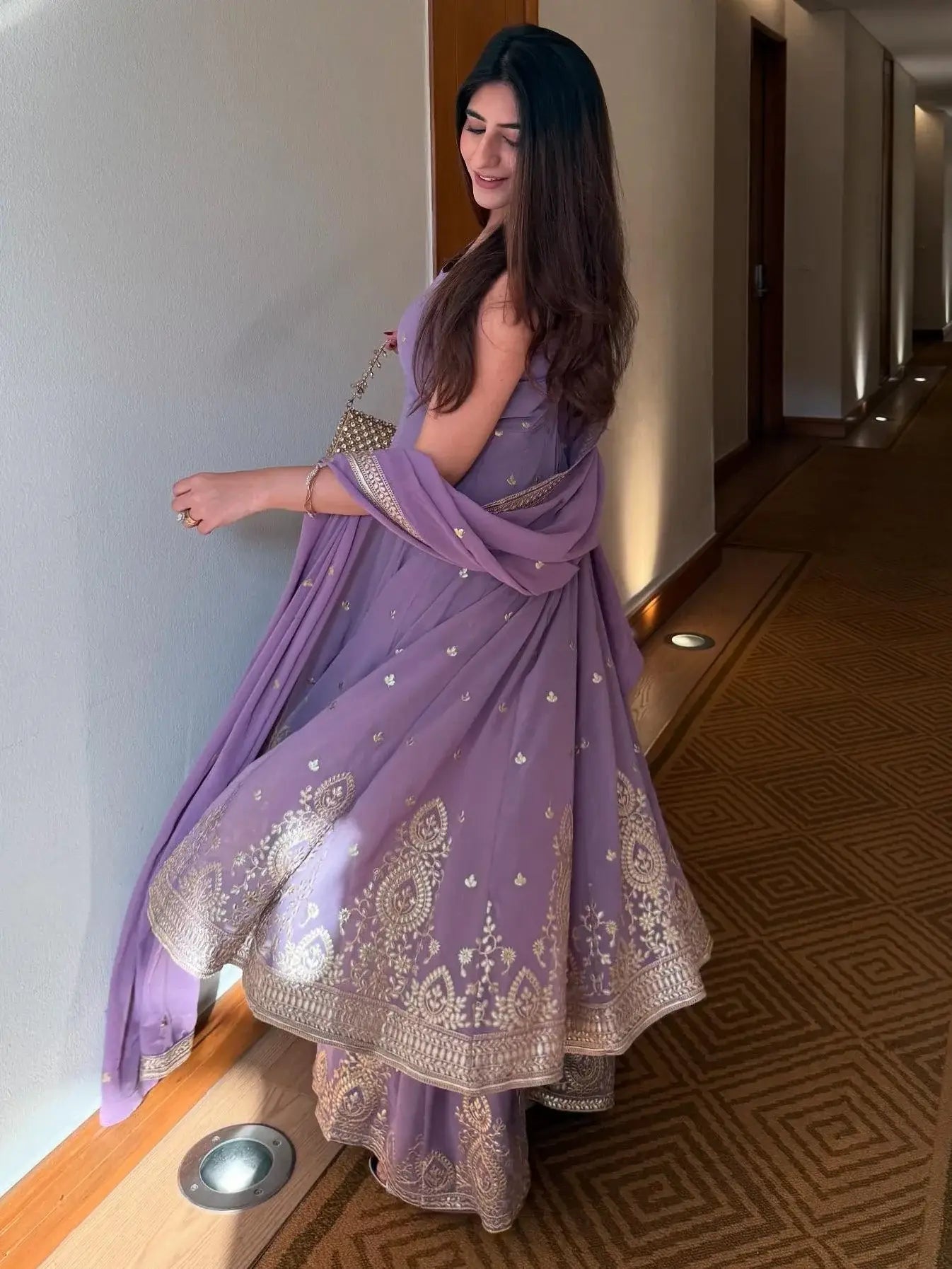 Alluring Lavender Foil Work Georgette Event Wear Palazzo Suit