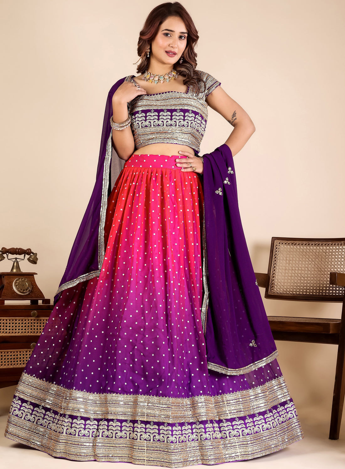 Charming Purple Shaded Sequins Embroidered Georgette Lehenga Choli With Dupatta