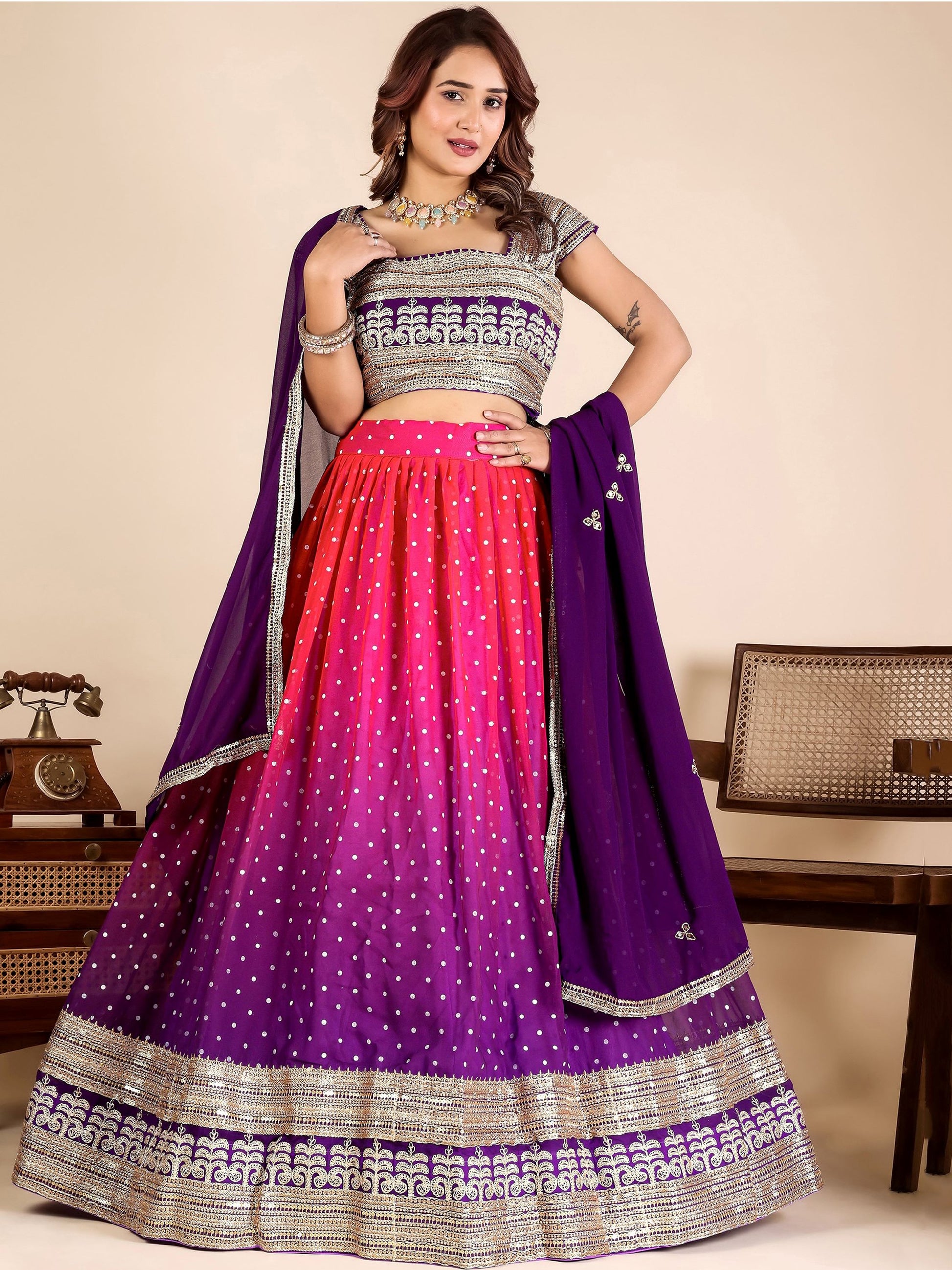 Classic Purple Embroidered Georgette Wedding Wear Lehenga Choli With Dupatta