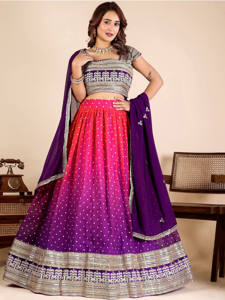 Classic Purple Embroidered Georgette Wedding Wear Lehenga Choli With Dupatta