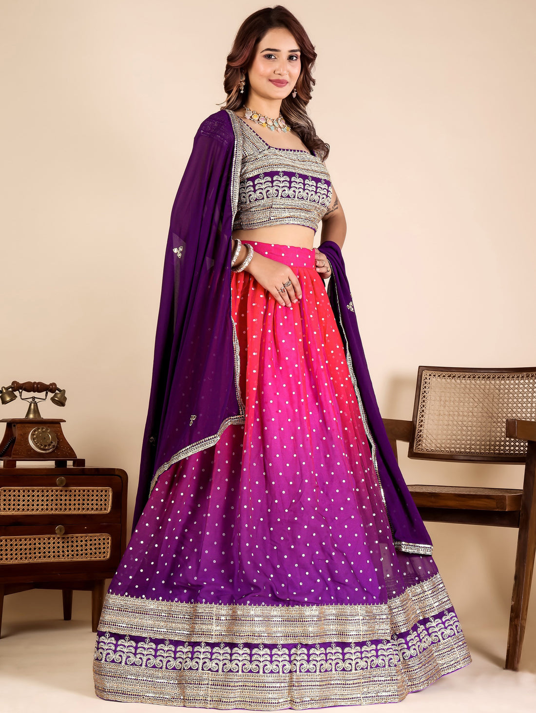 Charming Purple Shaded Sequins Embroidered Georgette Lehenga Choli With Dupatta