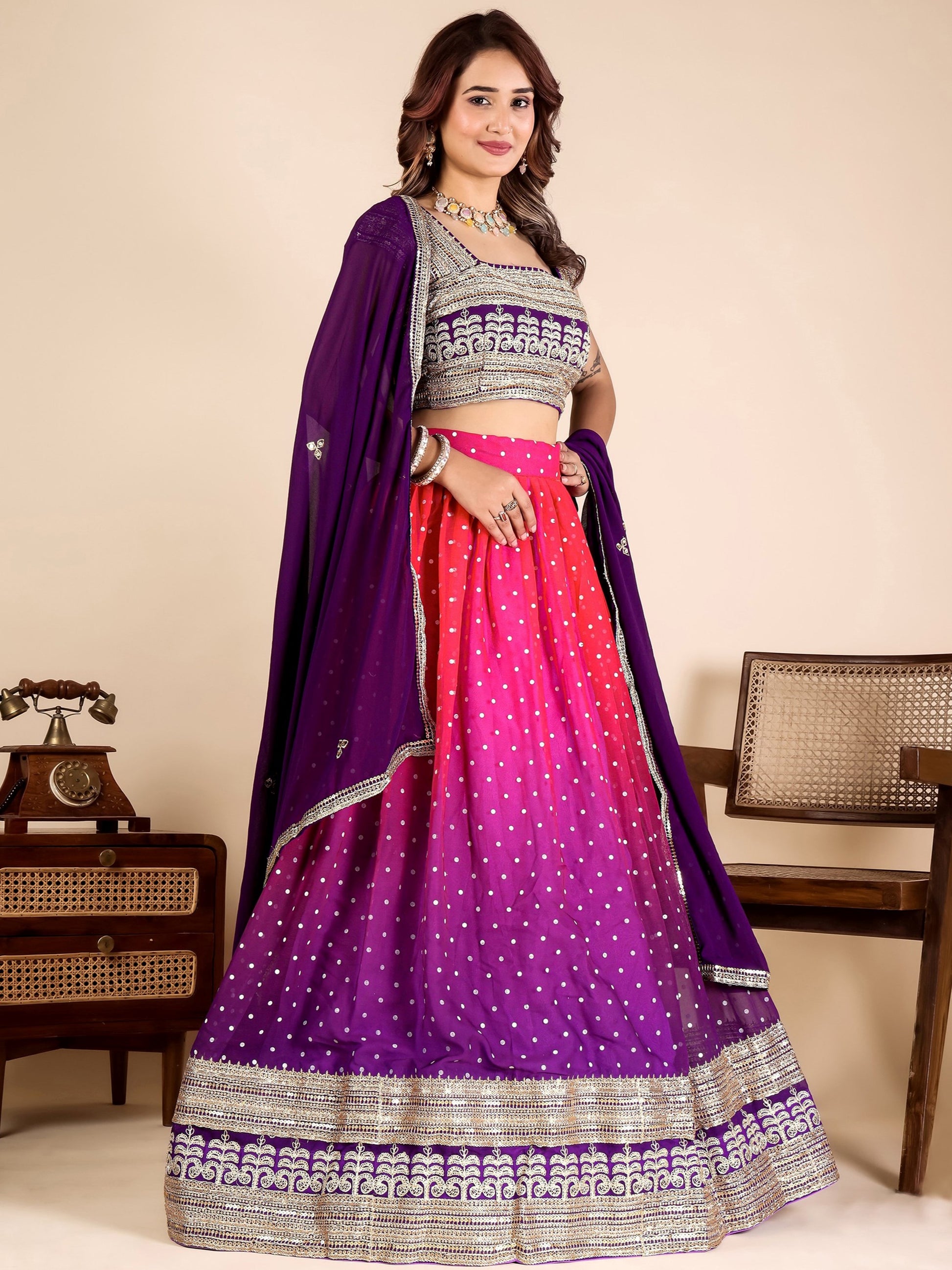 Classic Purple Embroidered Georgette Wedding Wear Lehenga Choli With Dupatta