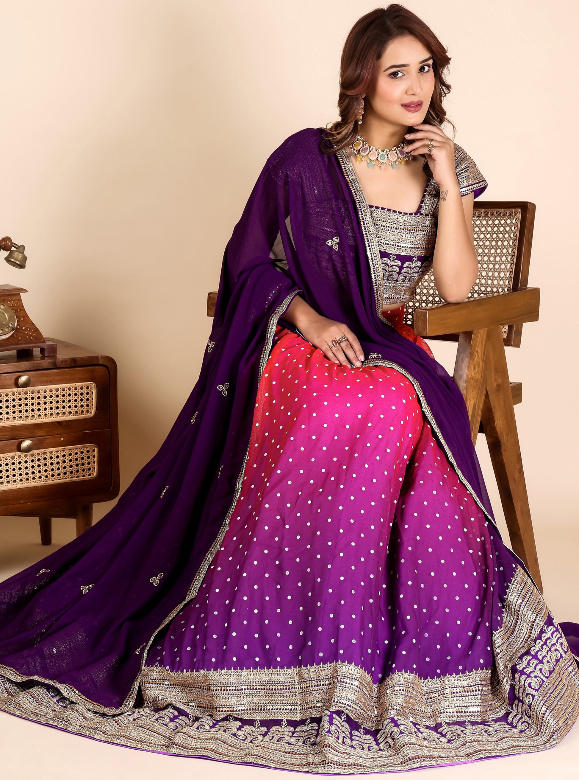 Charming Purple Shaded Sequins Embroidered Georgette Lehenga Choli With Dupatta