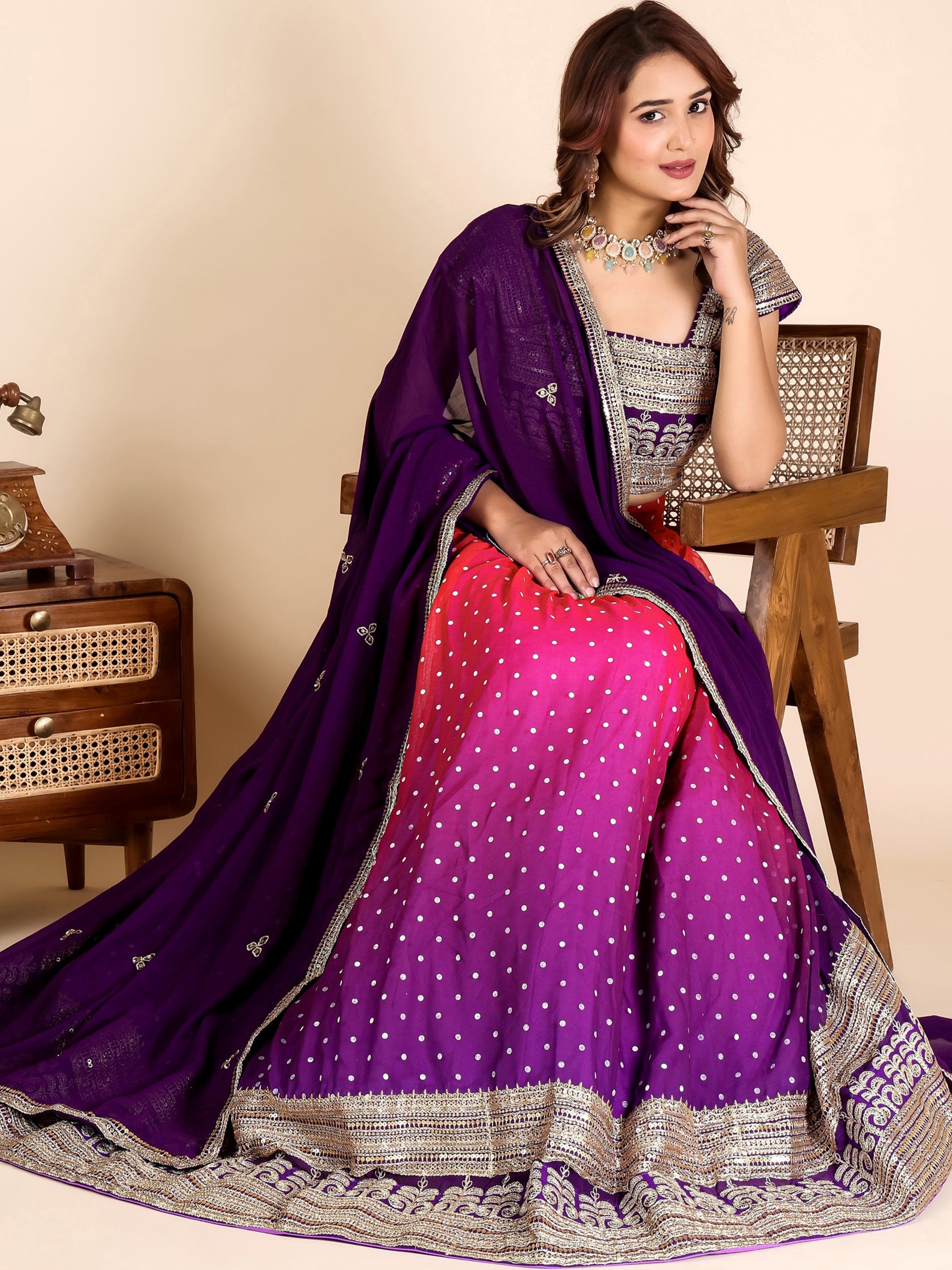 Classic Purple Embroidered Georgette Wedding Wear Lehenga Choli With Dupatta
