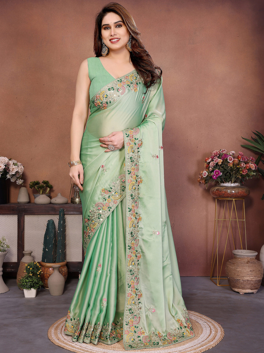 Attractive Green Zari Embroidered Silk Festival Wear Saree With Blouse