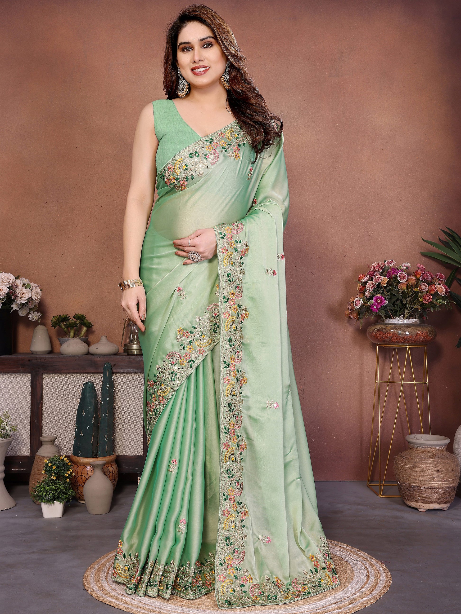 Attractive Green Zari Embroidered Silk Festival Wear Saree With Blouse