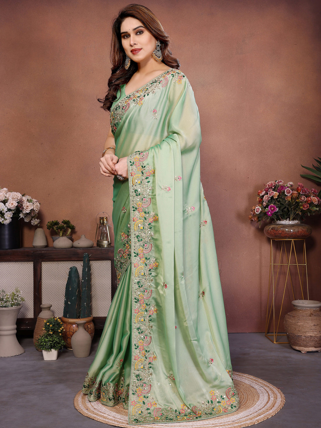 Attractive Green Zari Embroidered Silk Festival Wear Saree With Blouse
