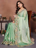 Attractive Green Zari Embroidered Silk Festival Wear Saree With Blouse