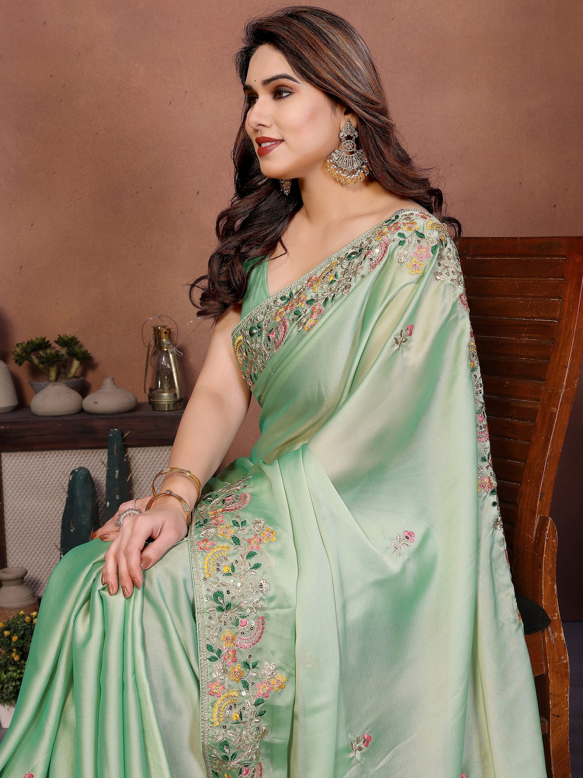 Attractive Green Zari Embroidered Silk Festival Wear Saree With Blouse