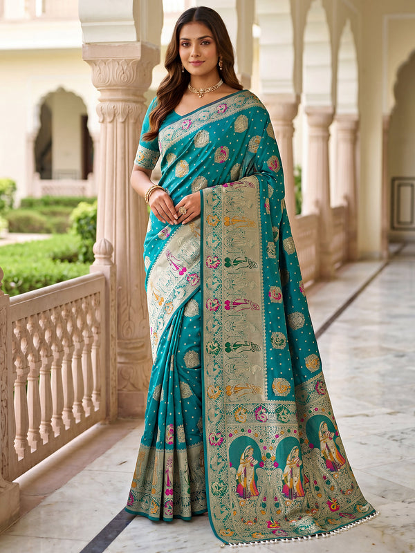 Captivating Teal Blue Zari Weaving Silk Wedding Wear Saree With Blouse