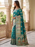 Captivating Teal Blue Zari Weaving Silk Wedding Wear Saree With Blouse