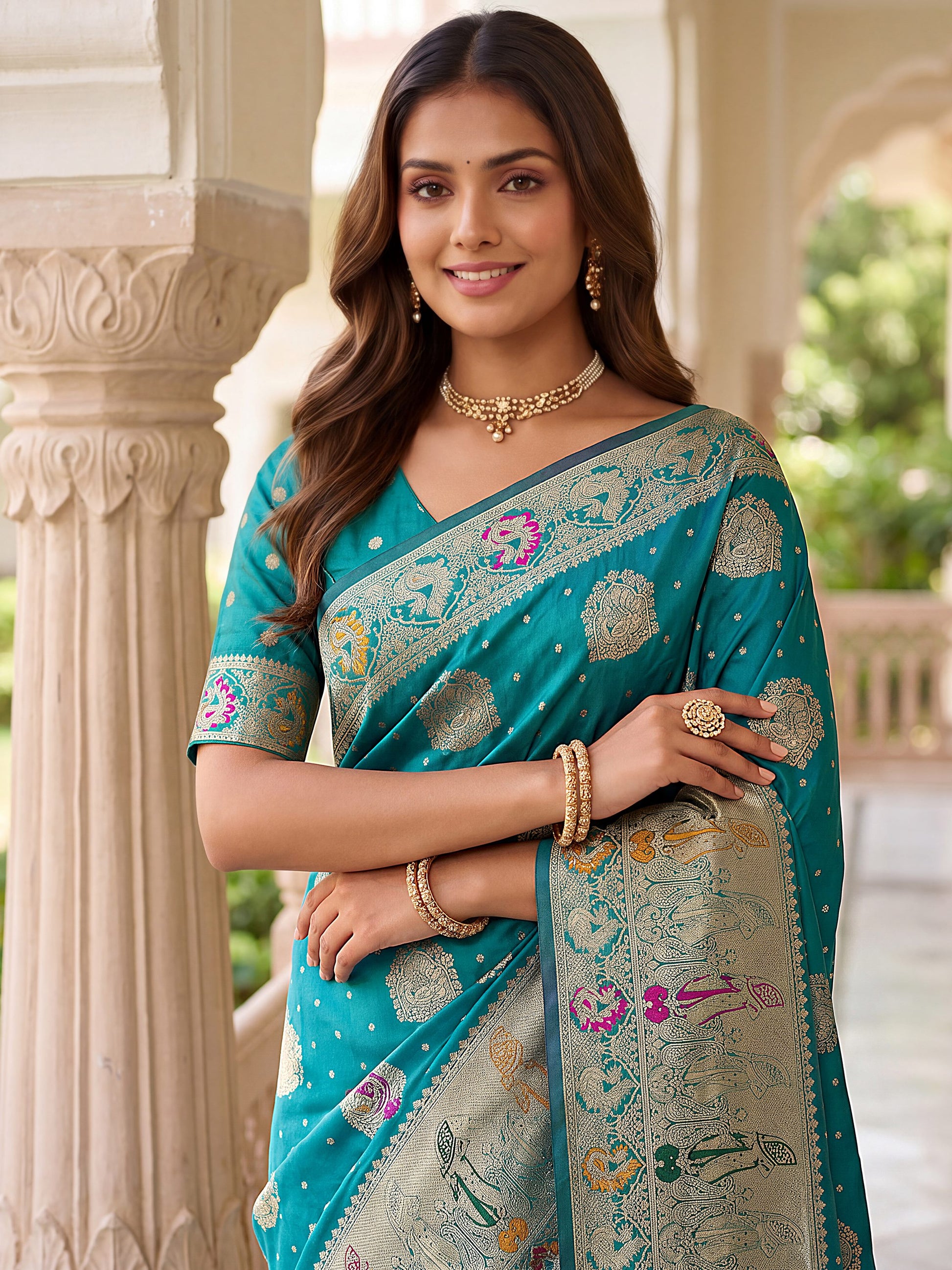 Captivating Teal Blue Zari Weaving Silk Wedding Wear Saree With Blouse