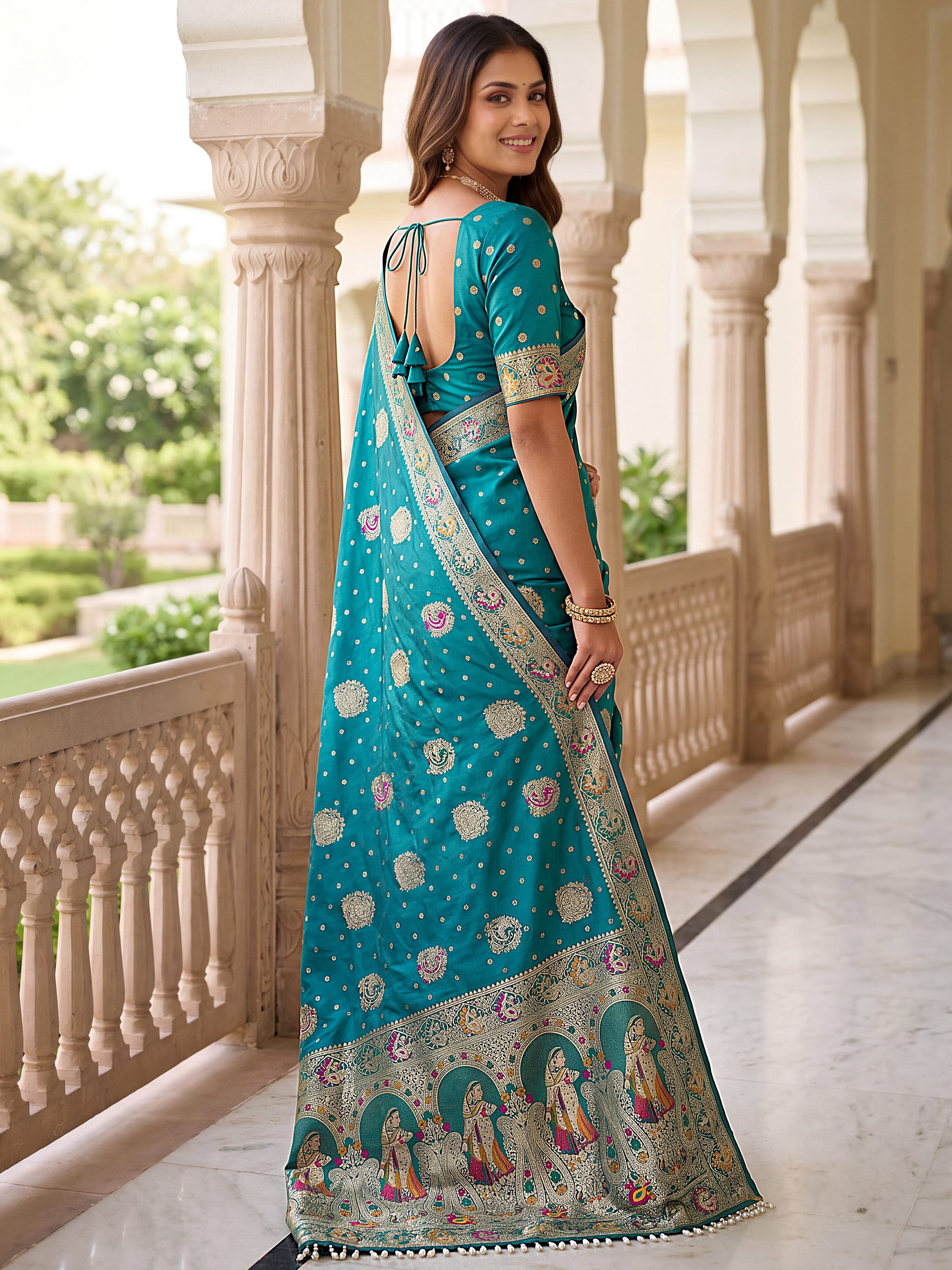 Captivating Teal Blue Zari Weaving Silk Wedding Wear Saree With Blouse