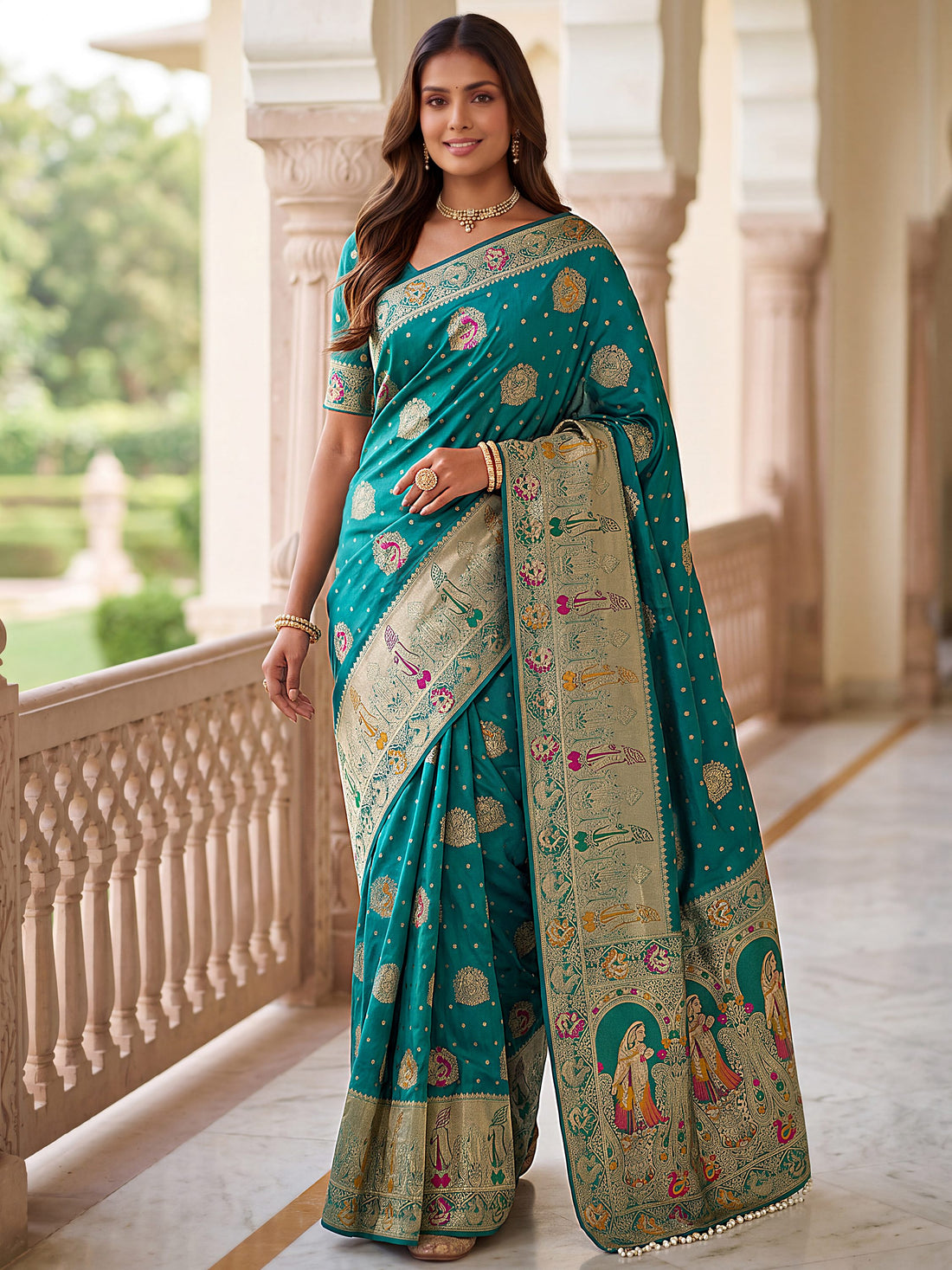 Captivating Teal Blue Zari Weaving Silk Wedding Wear Saree With Blouse