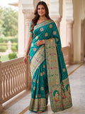 Captivating Teal Blue Zari Weaving Silk Wedding Wear Saree With Blouse