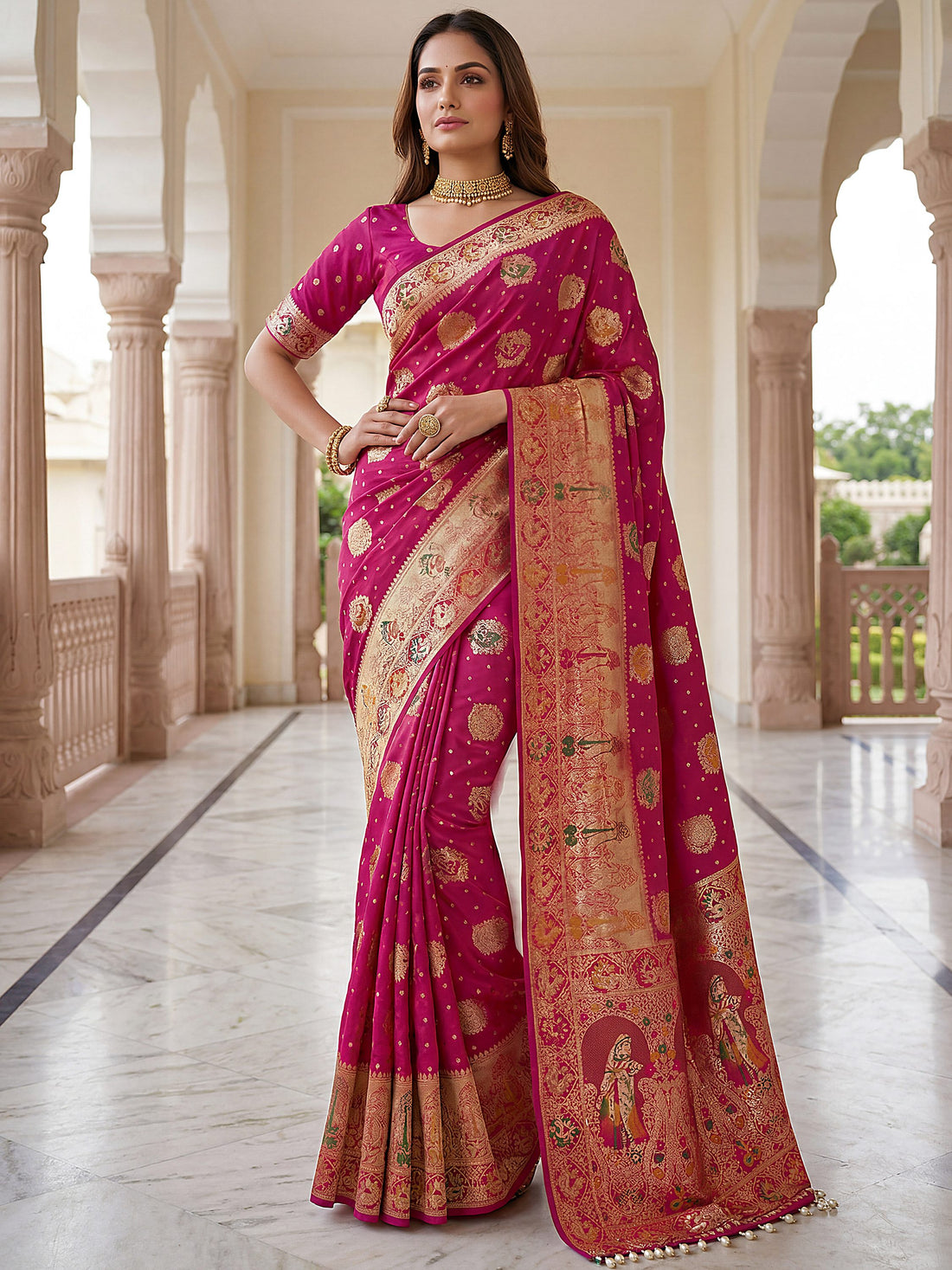 Great Rani Pink Zari Weaving Silk Traditional Wear Saree With Blouse