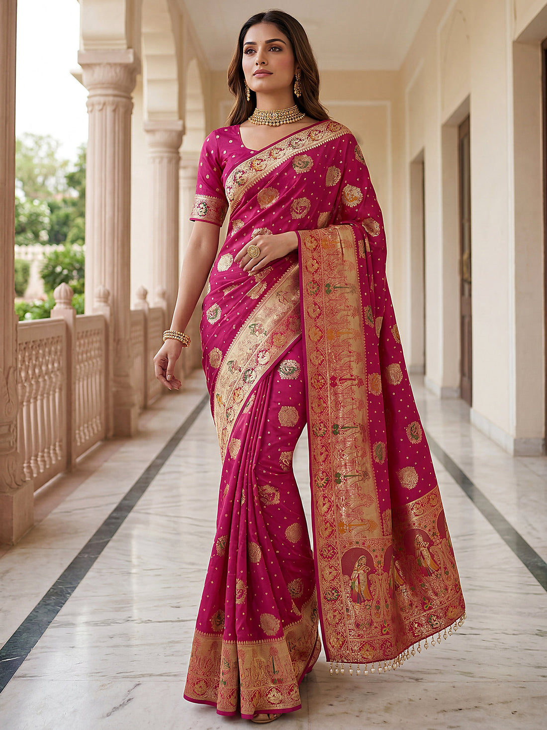 Great Rani Pink Zari Weaving Silk Traditional Wear Saree With Blouse
