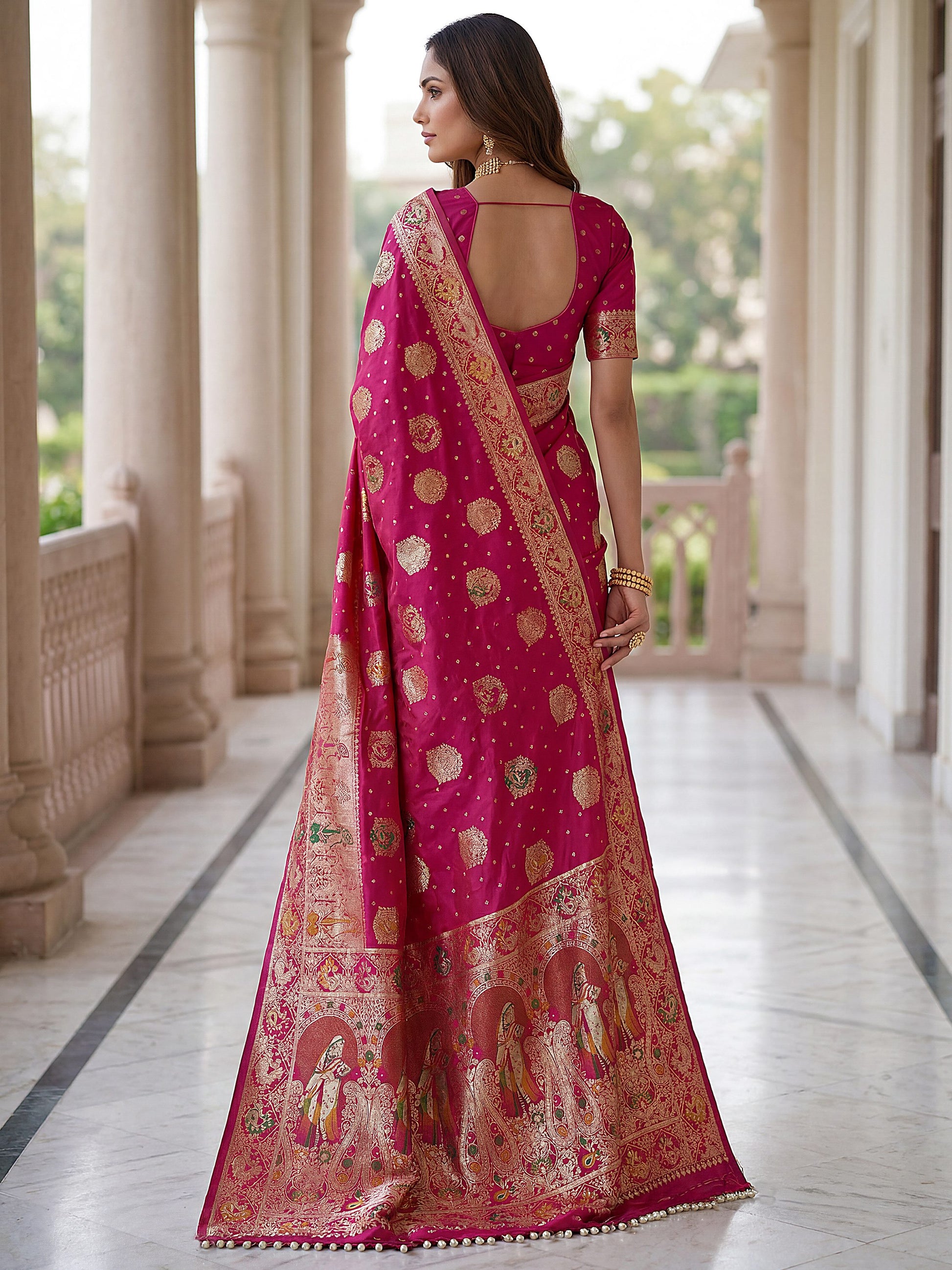 Great Rani Pink Zari Weaving Silk Traditional Wear Saree With Blouse