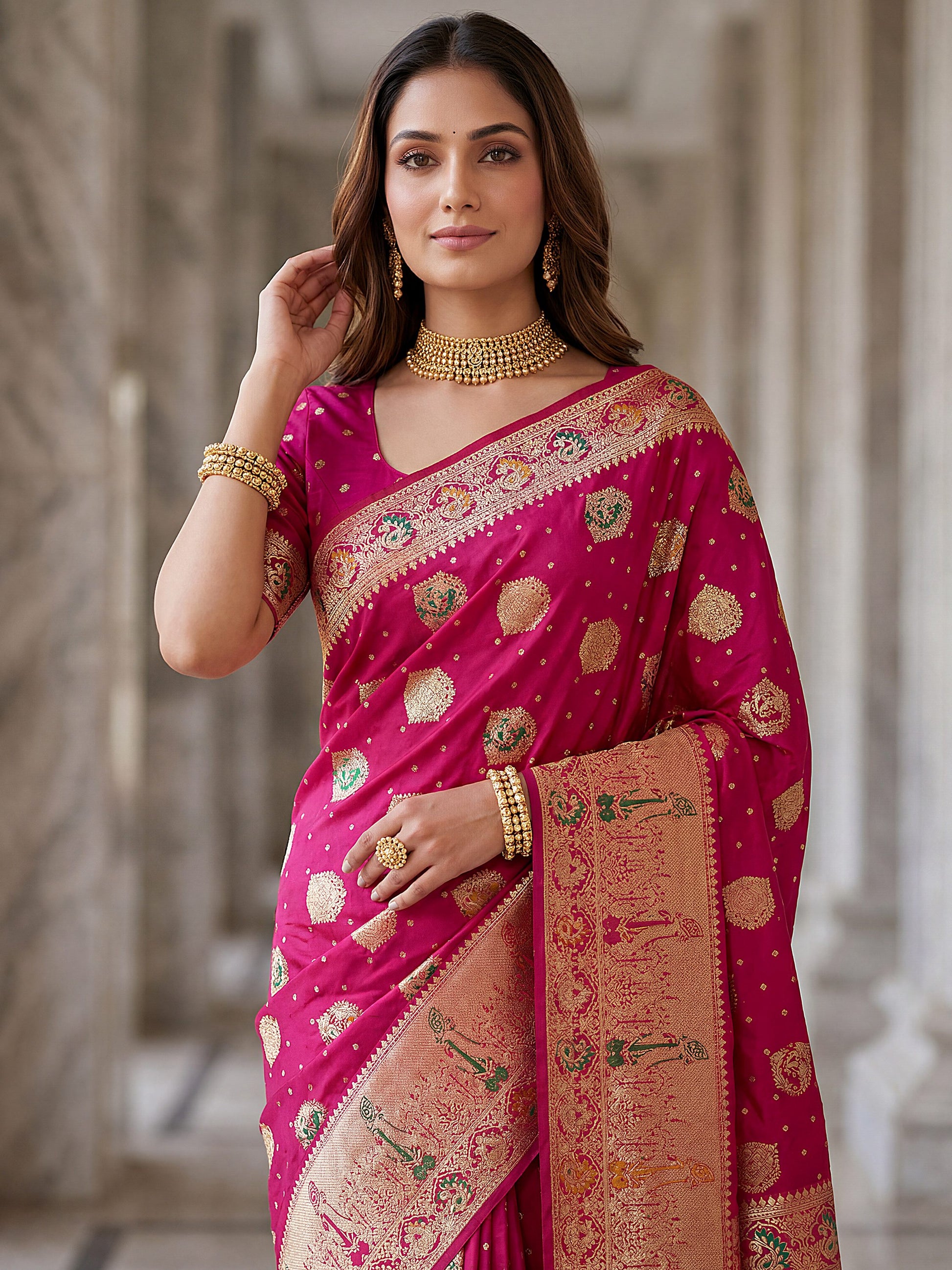 Great Rani Pink Zari Weaving Silk Traditional Wear Saree With Blouse