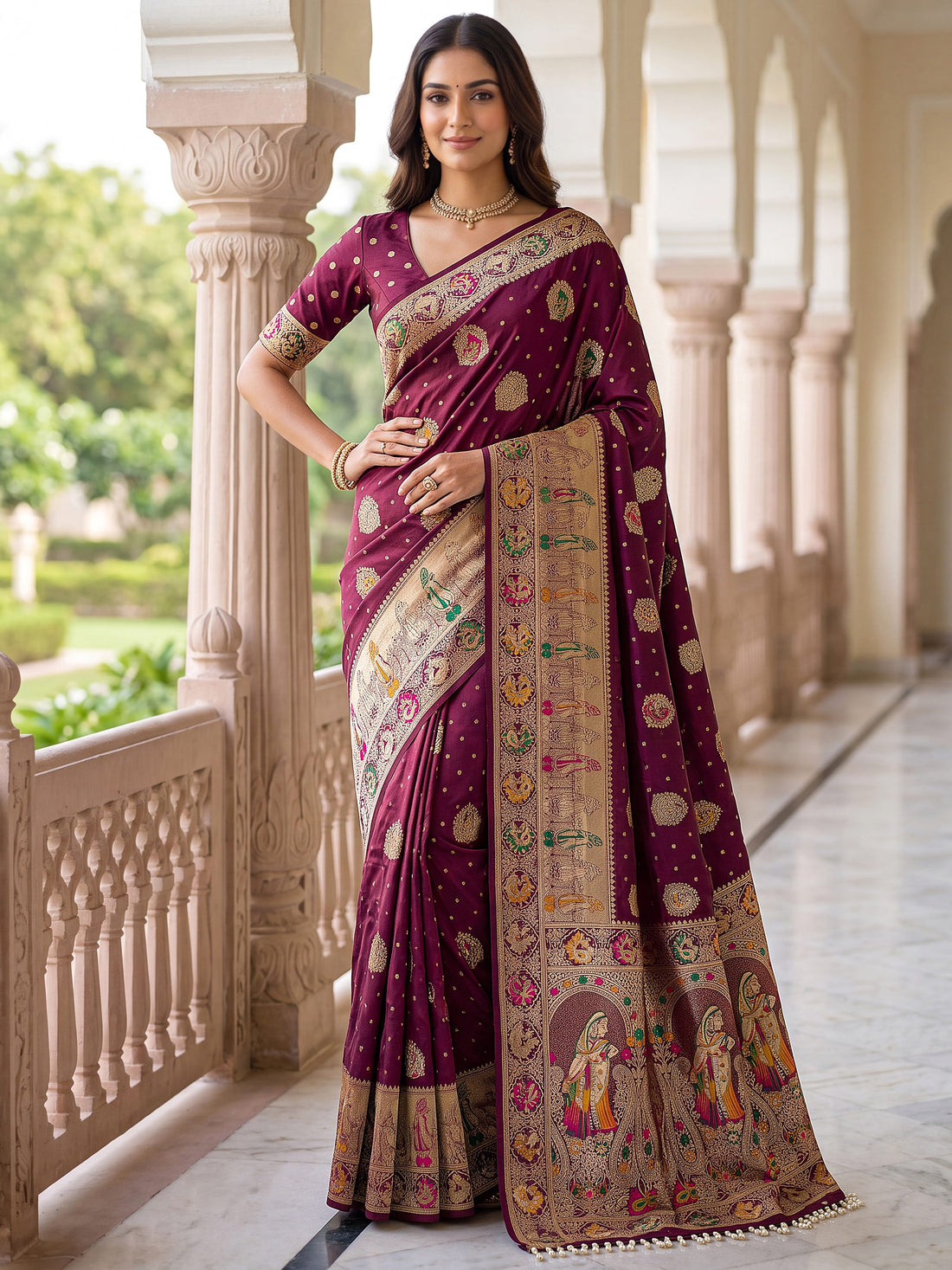 Fabulous Wine Zari Weaving Silk Wedding Wear Saree With Blouse