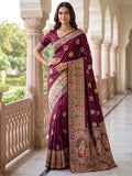 Fabulous Wine Zari Weaving Silk Wedding Wear Saree With Blouse