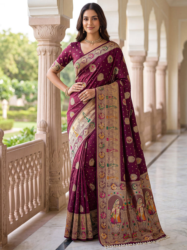 Fabulous Wine Zari Weaving Silk Wedding Wear Saree With Blouse