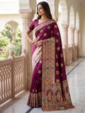 Fabulous Wine Zari Weaving Silk Wedding Wear Saree With Blouse