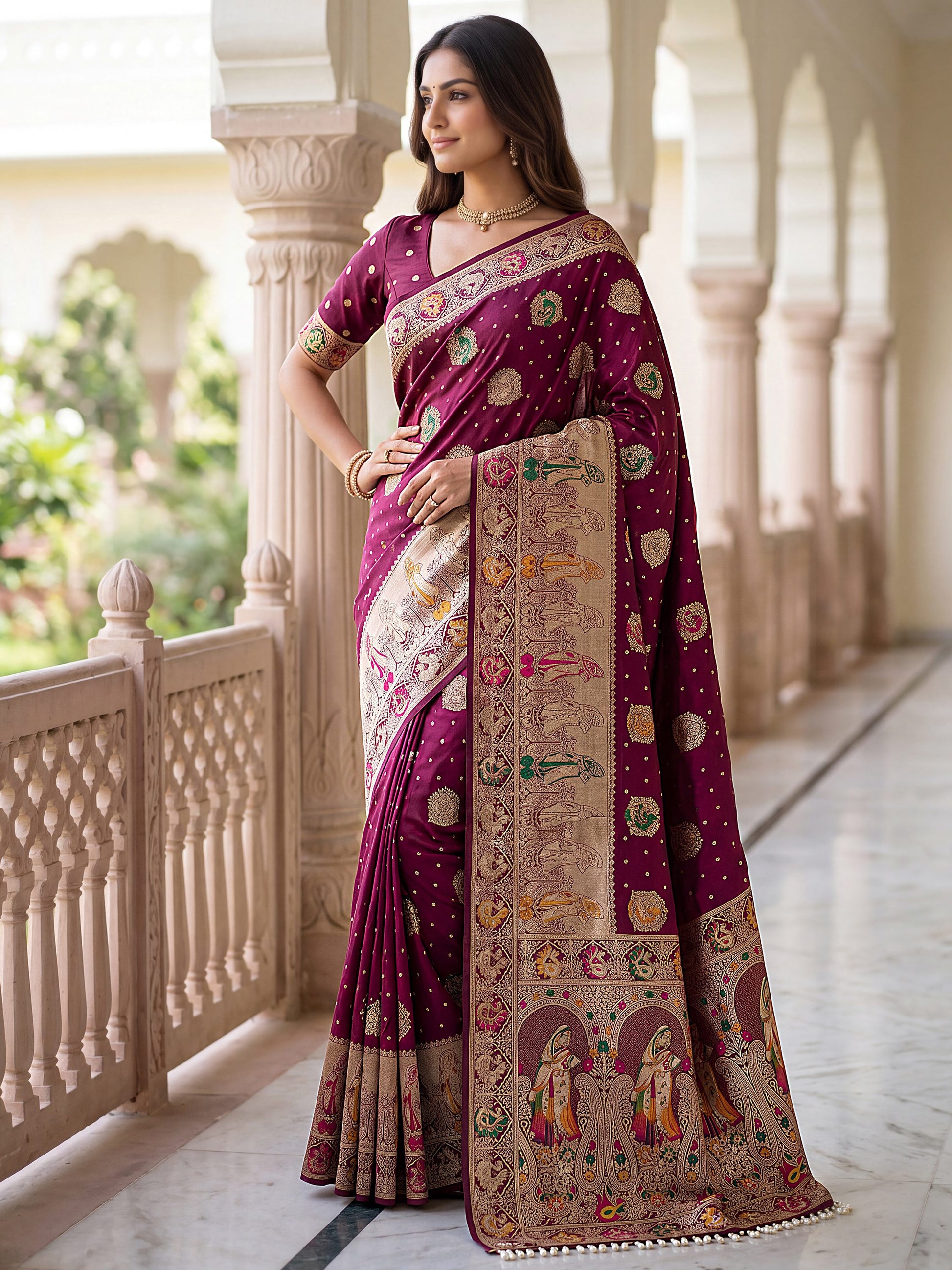 Fabulous Wine Zari Weaving Silk Wedding Wear Saree With Blouse