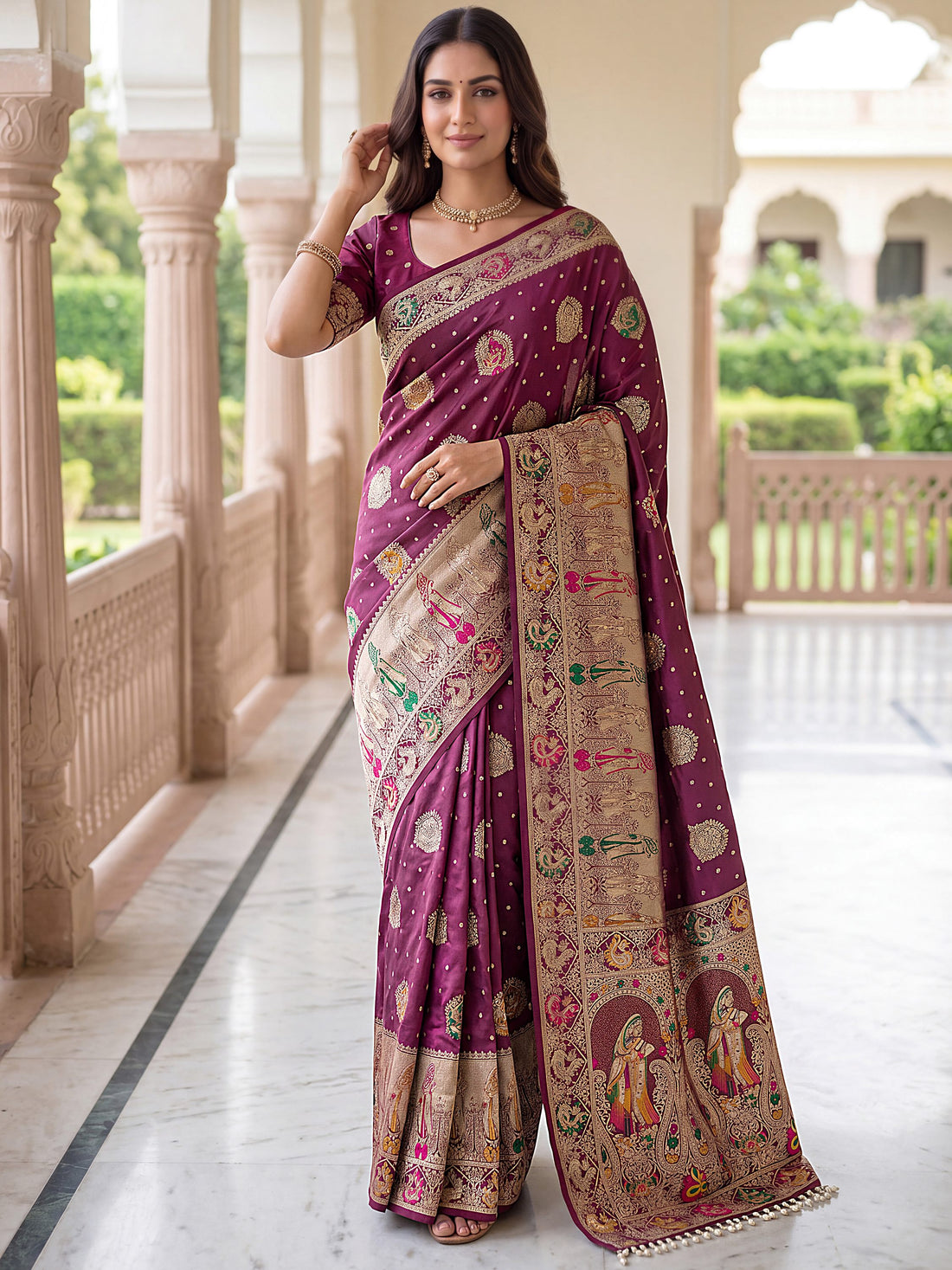 Fabulous Wine Zari Weaving Silk Wedding Wear Saree With Blouse