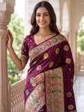 Fabulous Wine Zari Weaving Silk Wedding Wear Saree With Blouse